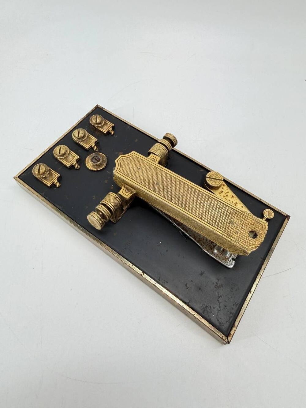 Vintage Gold Tone Desktop Stapler Desk Set w Velvet Base Mid Century Office